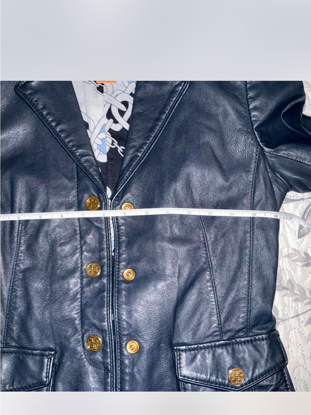 Tory Burch Navy Leather Double-Breasted Pea Coat with Gold Buttons